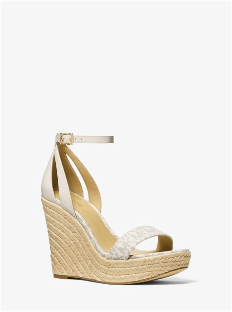 michael michael kors logo leather wedge sandals|Michael Kors denim wedge sandals.